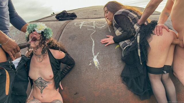 Hard outdoor foursome with two girlfriends Monika Wild and Lydia Black