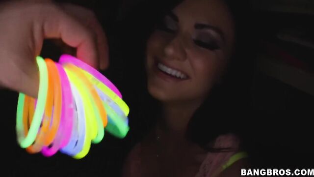 Sexy brunette Kendall Karson gives a handjob down on the knees