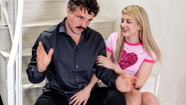 Blonde girlfriend Dez Hansen opens her shaved pussy for a big dick