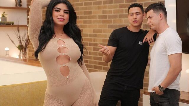 Two guys fucked a long-legged busty brunette Roxsana Gutierrez