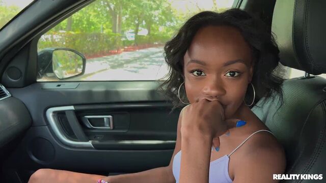 Good black skinny model Mila Mars is riding on a long white penis